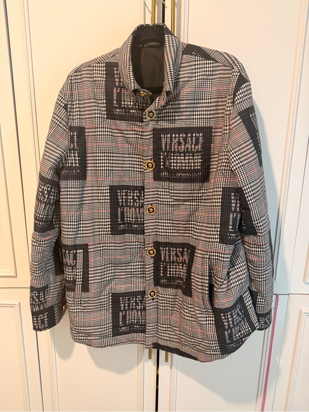 Versace Plaid Logo Button Jacket in Black, White, Pink 39A